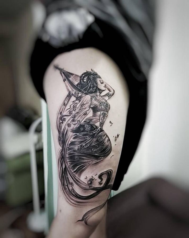 “飞天”纹身图片_腿部纹身图案