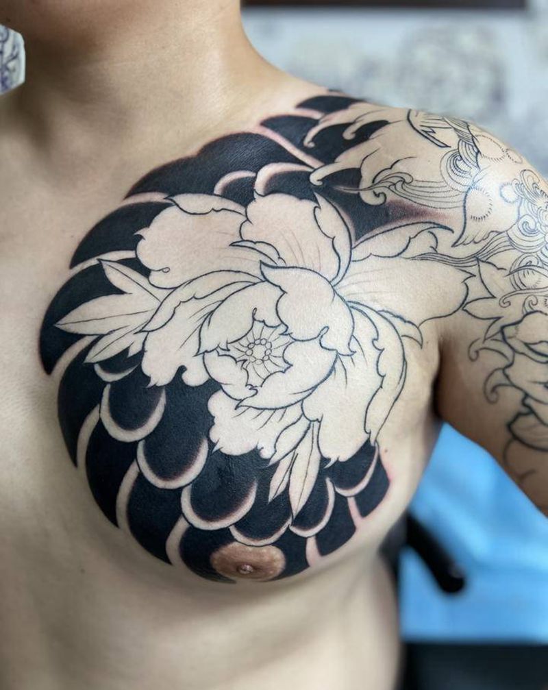 半胛牡丹唐狮纹身图片_手臂胸部老传统纹身图案