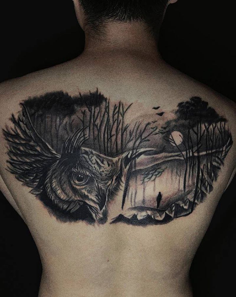 欧美风格猫头鹰纹身图片_欧美写实猫头鹰纹身图案