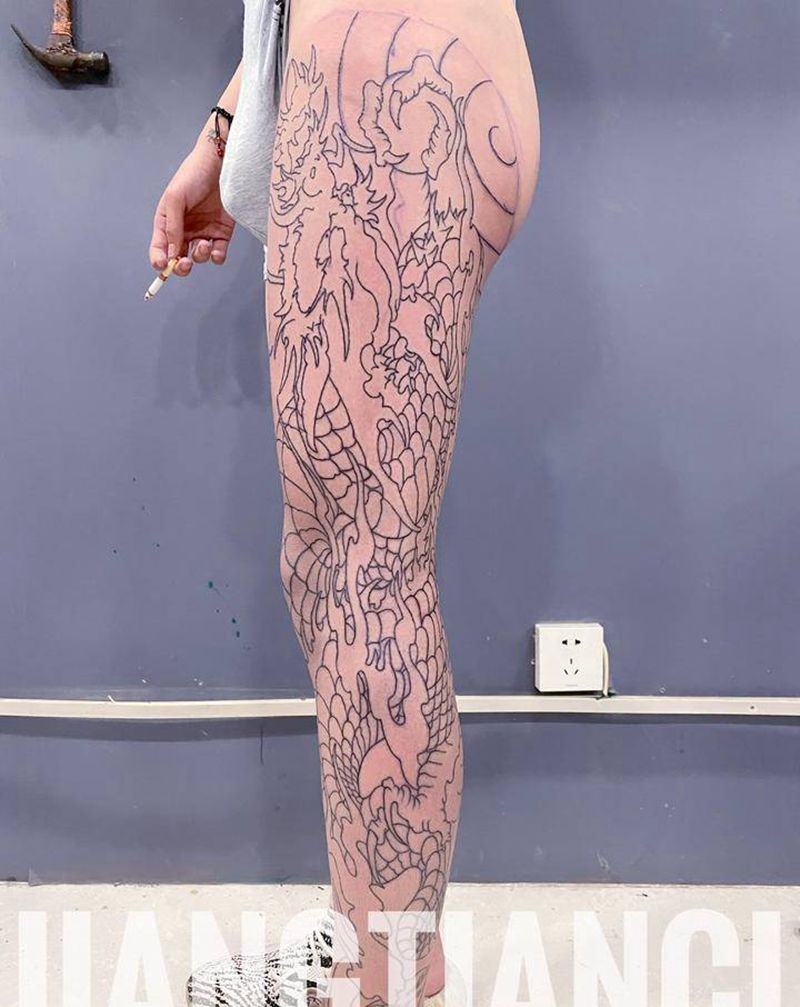 盘龙腿纹身图片_腿部老传统新传统纹身图案