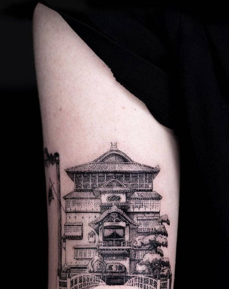 千寻油屋纹身图片_腿部欧美写实点刺纹身图案