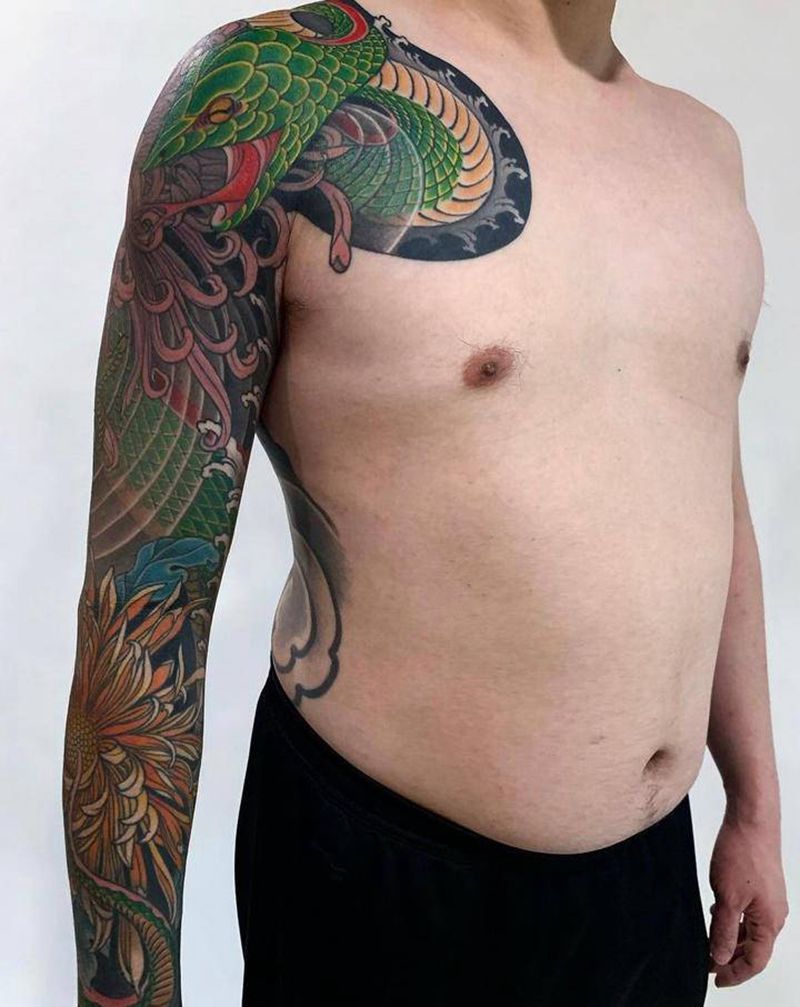 花与蛇纹身图片_手臂老传统新传统花臂纹身图案