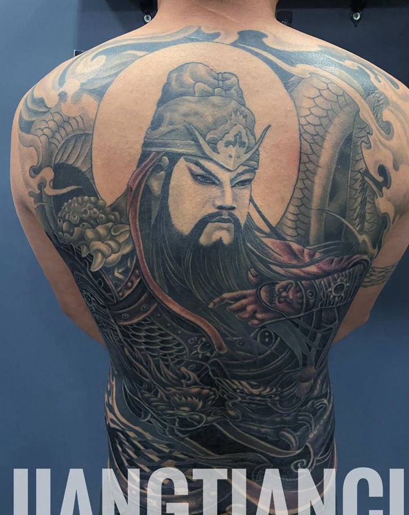 满背关羽纹身图片_背部新传统纹身图案