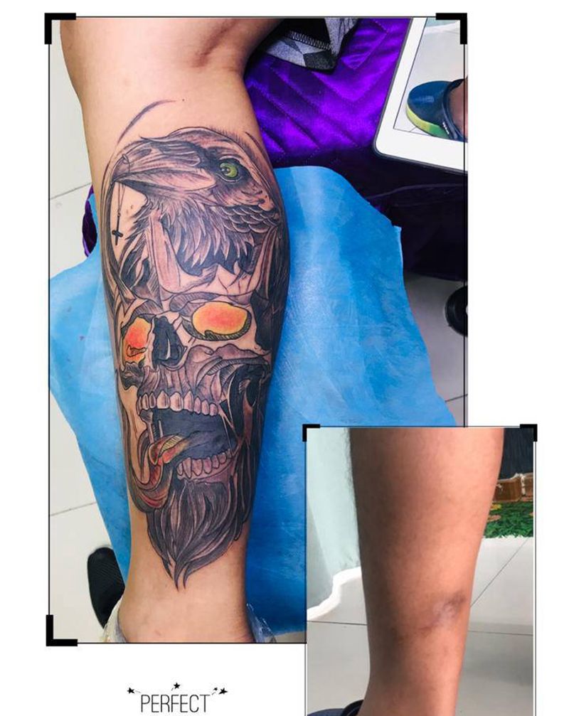 DL 小腿内侧暗黑纹身图片_腿部欧美写实纹身图案