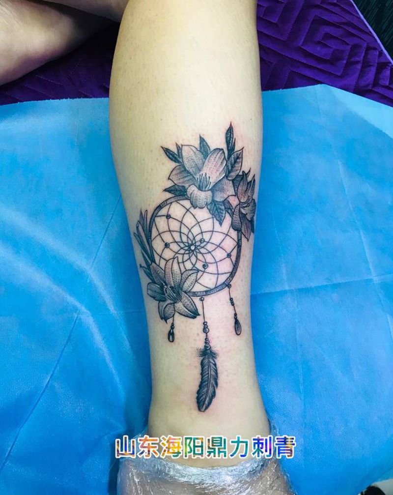 DL 小腿外侧捕梦网纹身图片_腿部老传统纹身图案