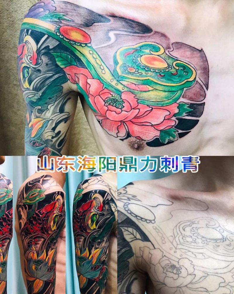 DL 半甲如意锦鲤纹身图片_胸部老传统纹身图案