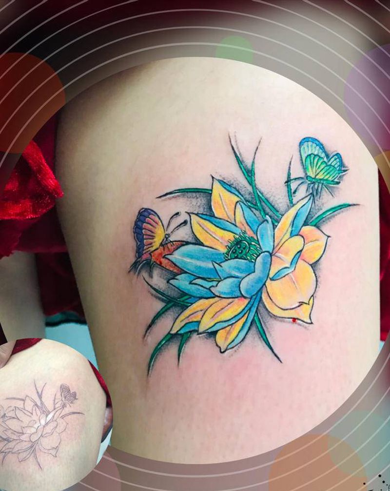 DL  大腿内侧疤痕遮盖纹身图片_腿部老传统纹身图案