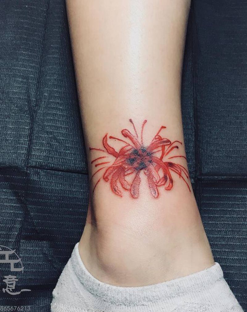 遮盖#彼岸花纹身图片_腿部彼岸花花彩色纹身图案