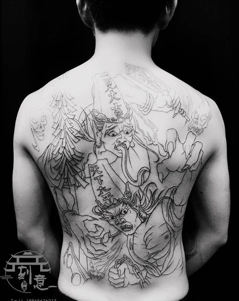 黑白无常基础线条纹身图片_背部新传统黑白无常人物纹身图案