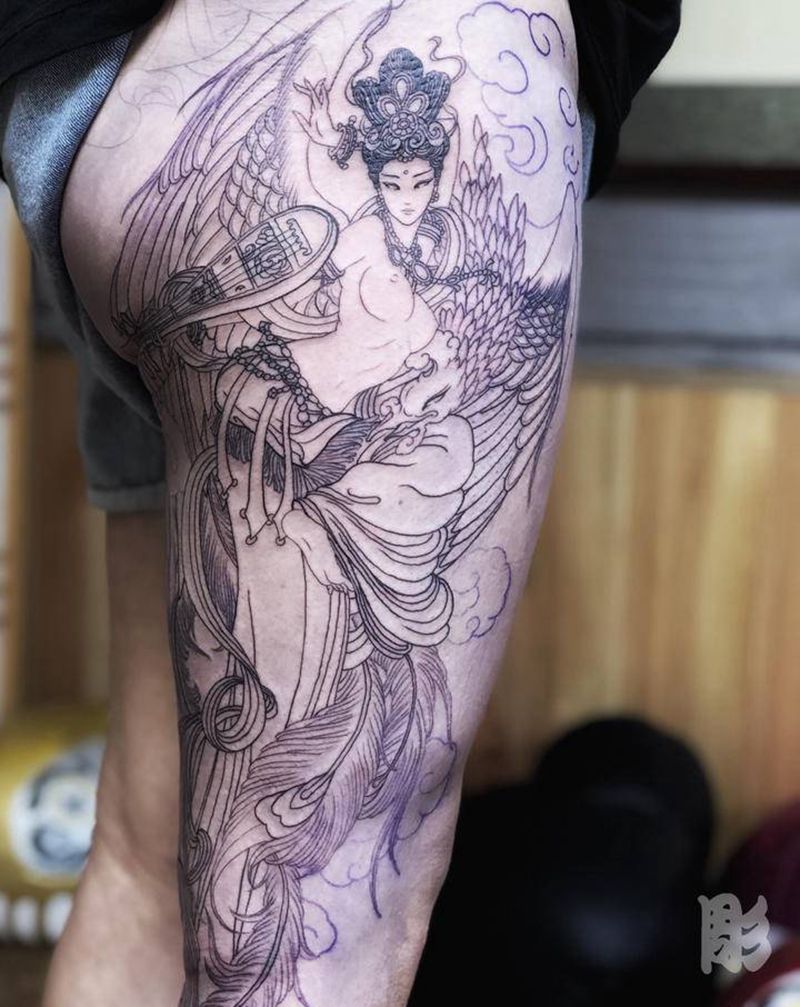 《凤舞飞天》纹身图片_腿部新传统纹身图案