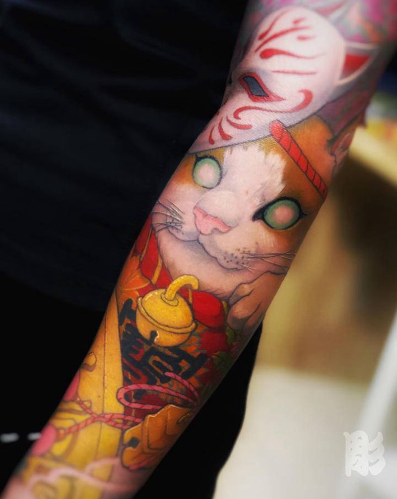 《猫》纹身图片_手臂新传统纹身图案