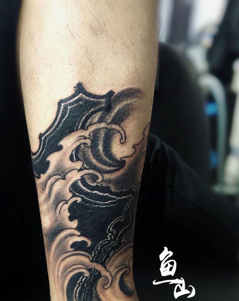 山水纹身图片_腿部纹身图案