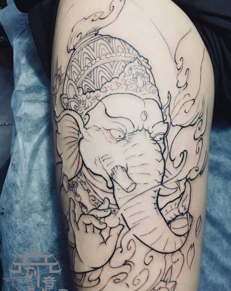 线——象神纹身图片_腿部新传统象神纹身图案