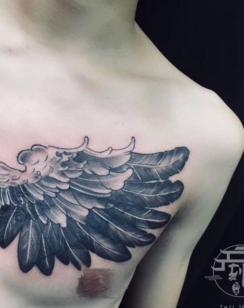 遮盖纹身图片_胸部翅膀纹身图案
