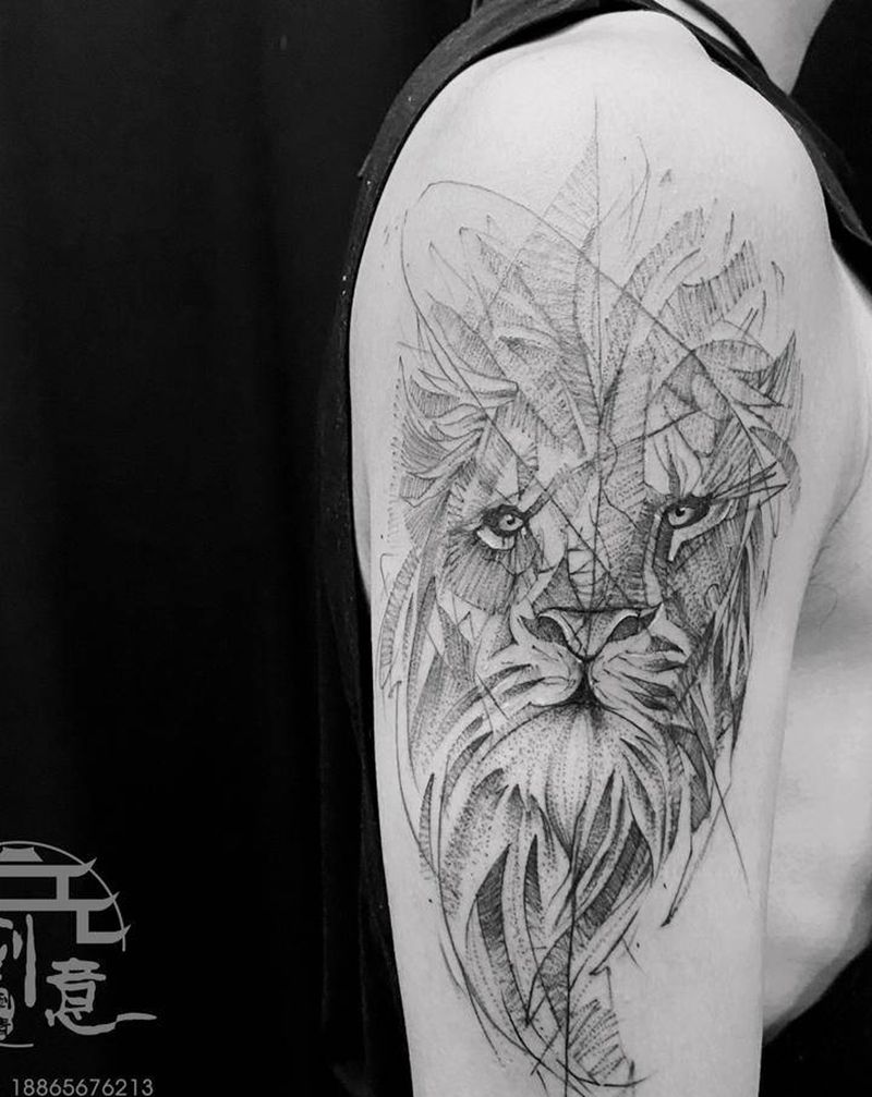 狮子纹身图片_手臂点刺纹身图案