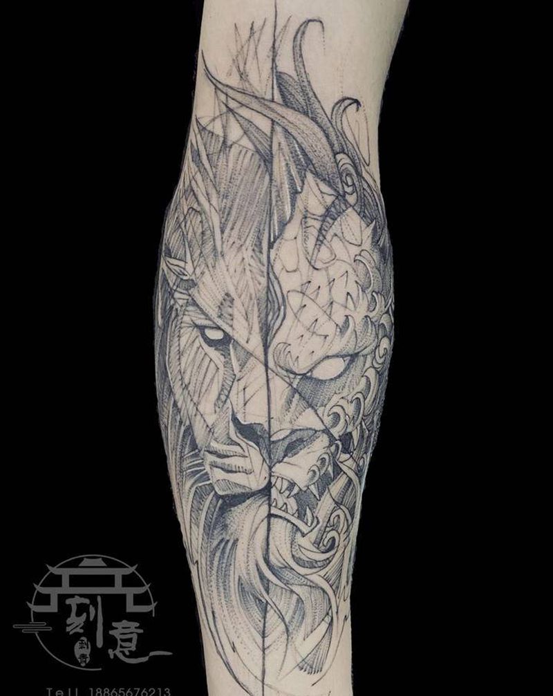 狮子纹身图片_手臂点刺欧美个性纹身图案