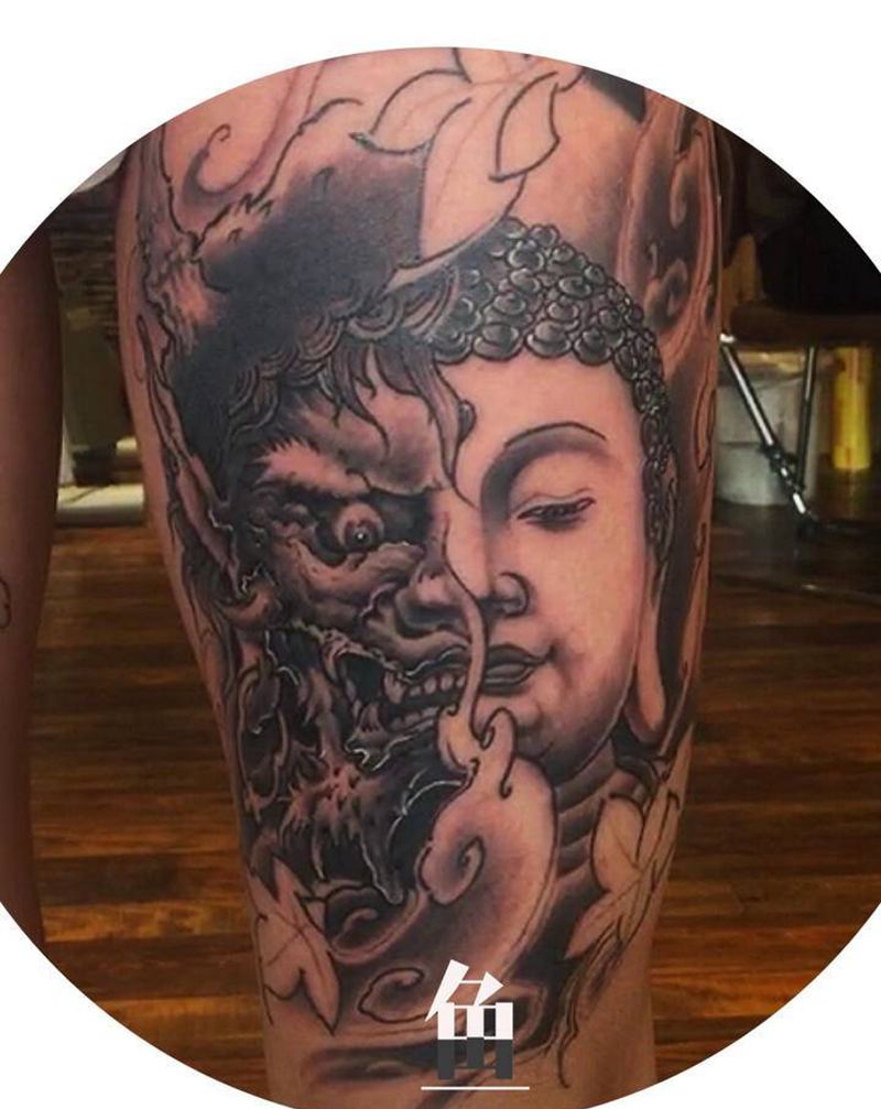 佛与魔纹身图片_腿部纹身图案