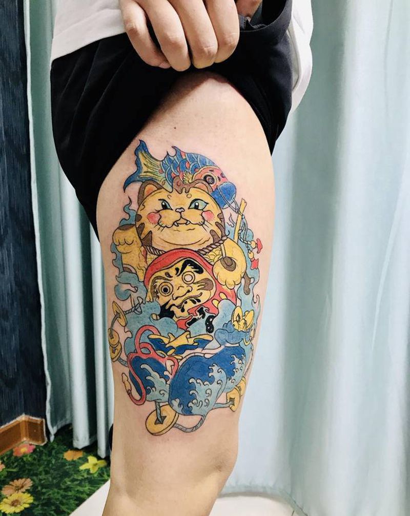 DL大腿招财猫纹身图片_腿部新传统纹身图案