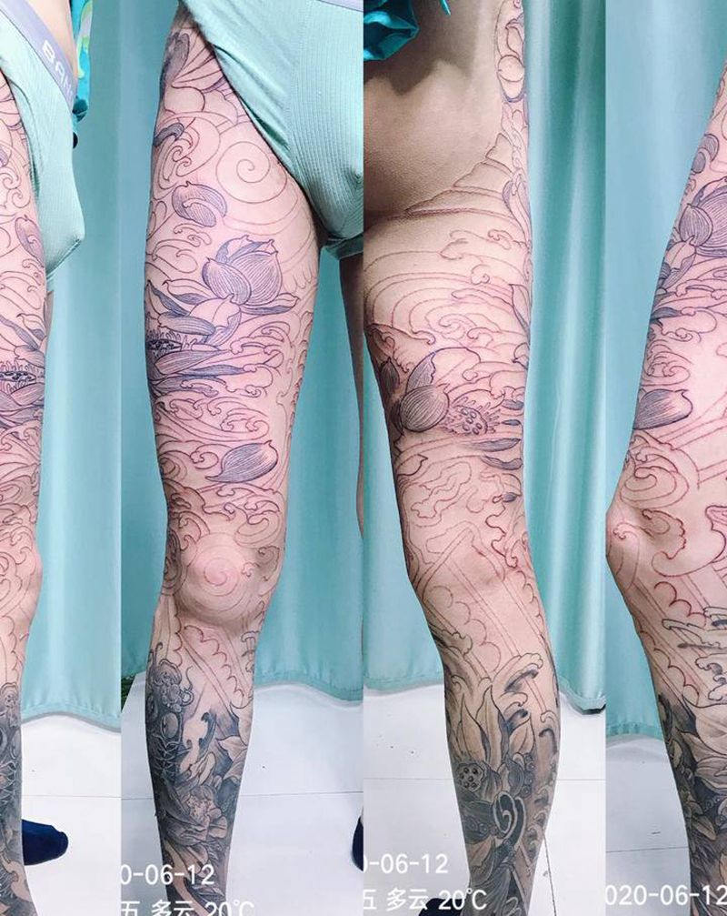 DL 接花腿纹身图片_腿部老传统纹身图案