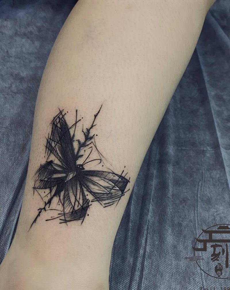 遮盖蝴蝶纹身图片_腿部遮盖暗黑蝴蝶纹身图案