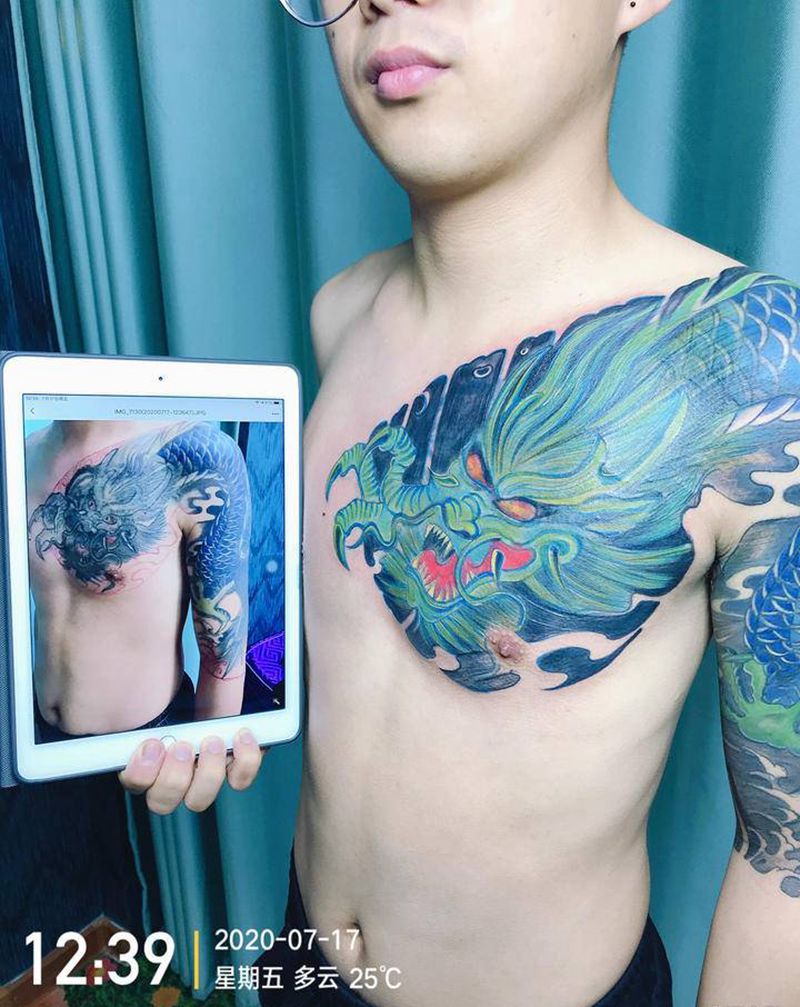 DL 老龙头翻新纹身图片_胸部老传统纹身图案