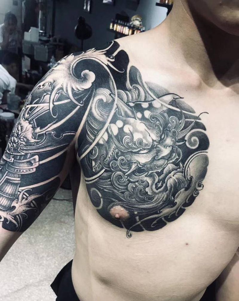半胛纹身图片_肩部手臂新传统鬼武士唐狮子纹身图案