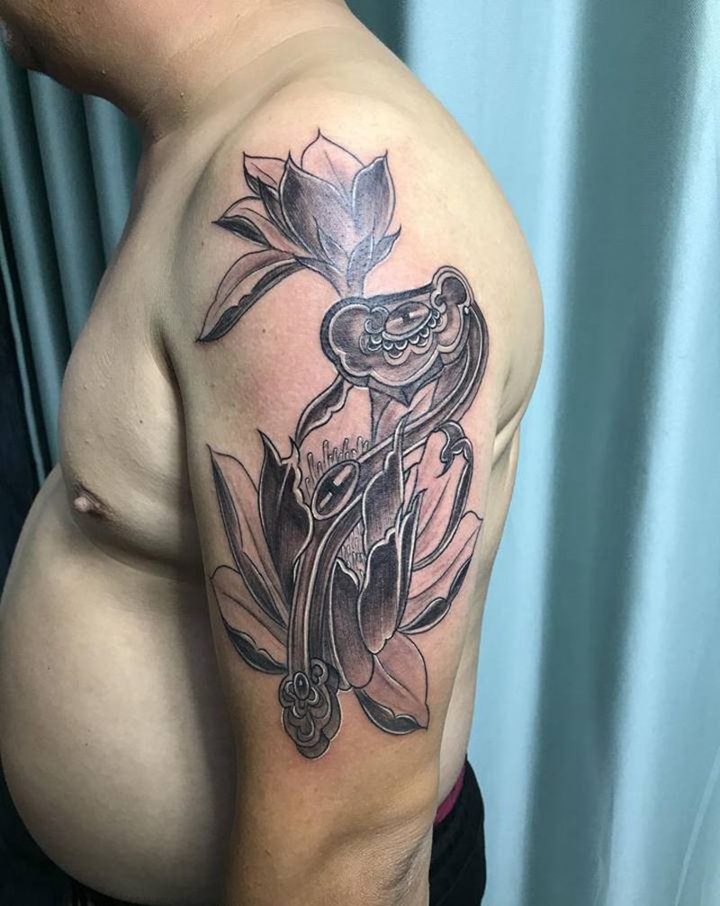 DL 如意荷纹身图片_手臂老传统纹身图案