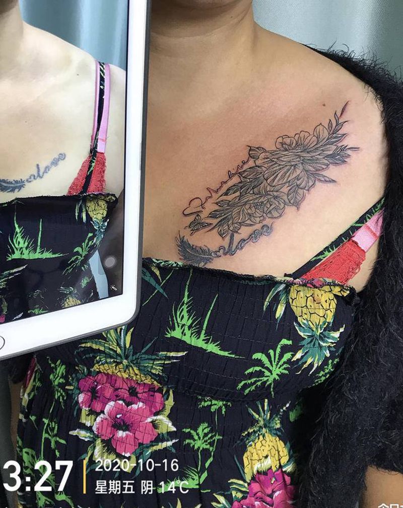 DL添加素花纹身图片_胸部老传统纹身图案