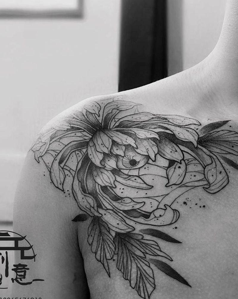 菊花纹身图片_胸部肩部暗黑纹身图案