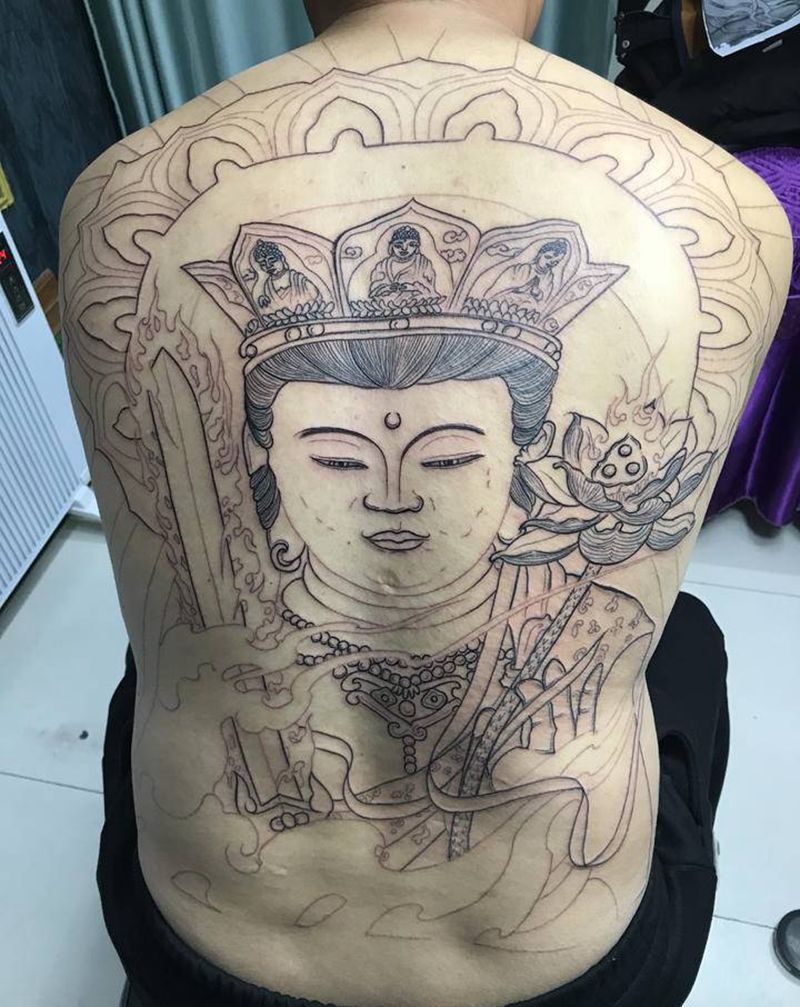 DL满背虚空藏线条纹身图片_背部老传统纹身图案