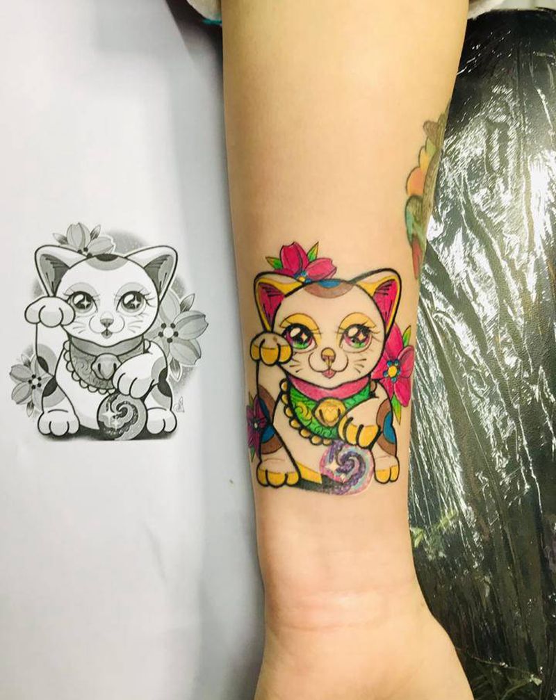 #小臂招财小猫咪纹身图片_手臂老传统纹身图案