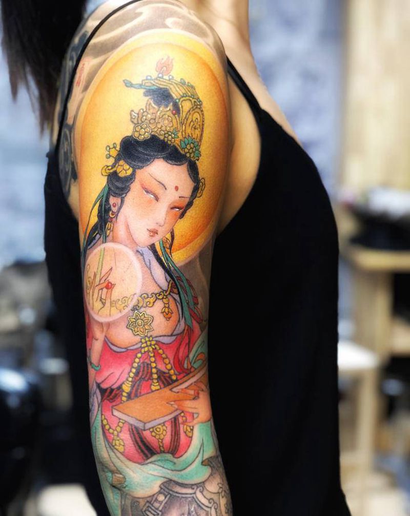 普贤菩萨摩诃萨南无阿弥佗佛纹身图片_手臂新传统神佛纹身图案
