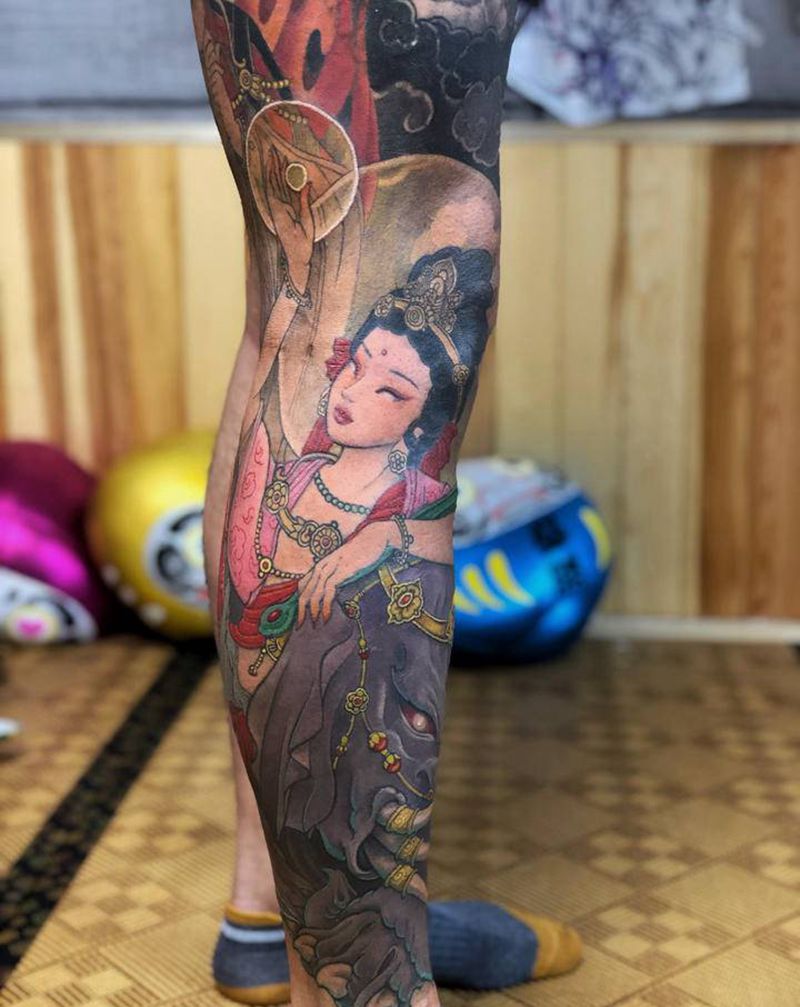 《问》纹身图片_腿部新传统纹身图案