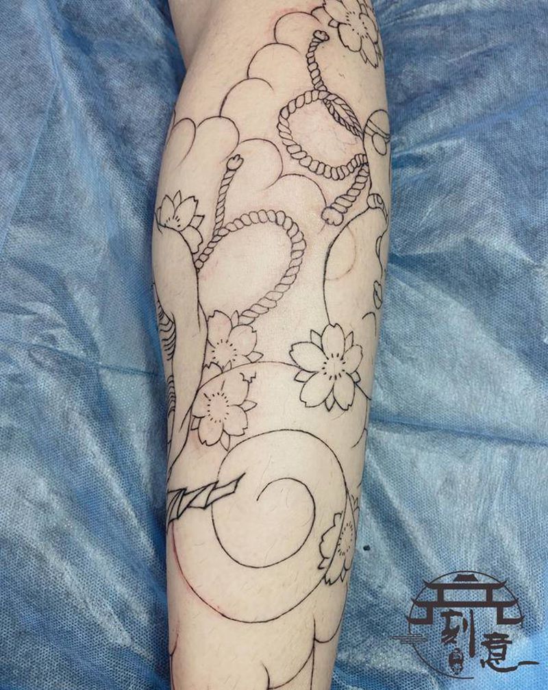 初步线条纹身图片_腿部老传统纹身图案