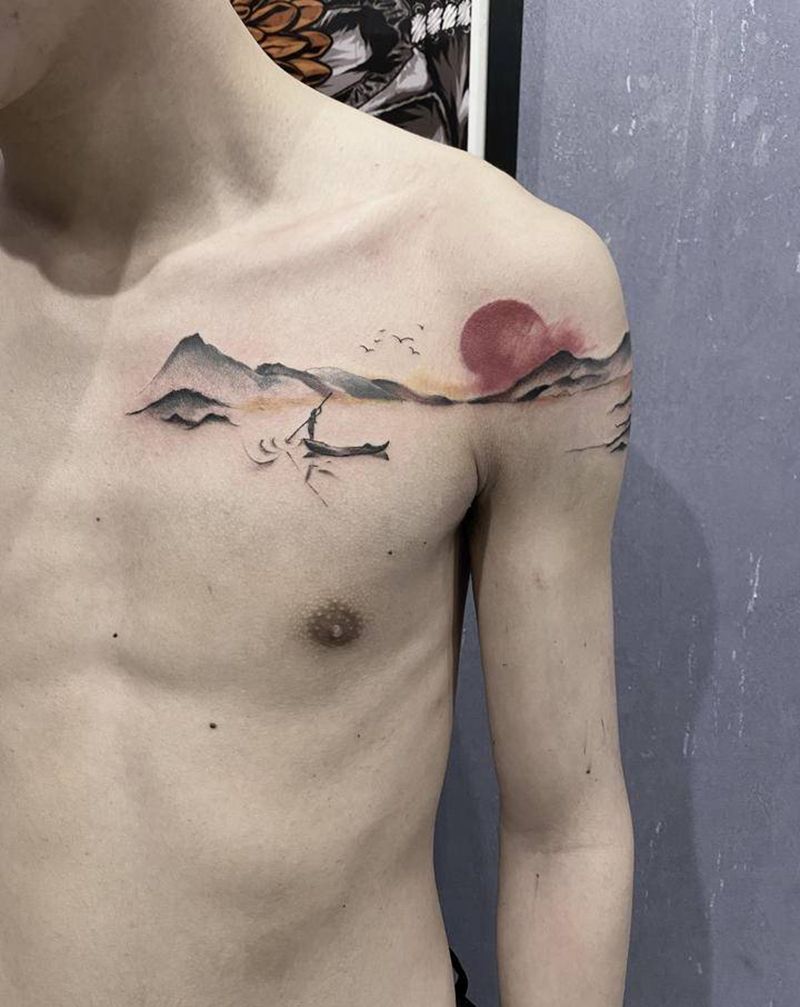 山水纹身图片_胸部纹身图案