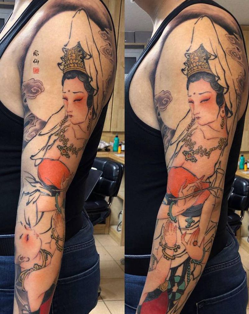 拜观音纹身图片_手臂新传统纹身图案