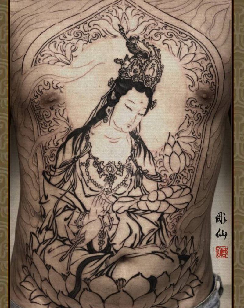 大势至菩萨摩诃萨纹身图片_胸部新传统纹身图案