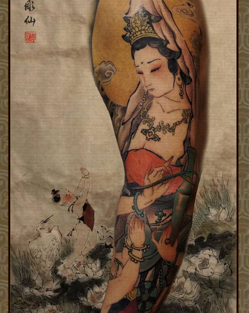 拜观音纹身图片_手臂新传统纹身图案