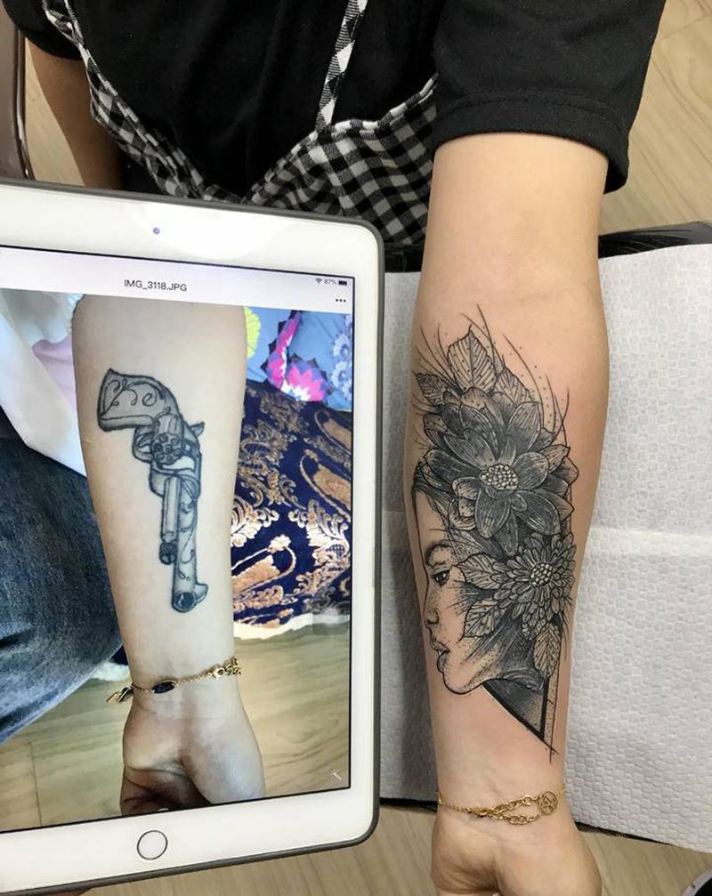 DL遮盖旧图纹身图片_手臂点刺老传统纹身图案