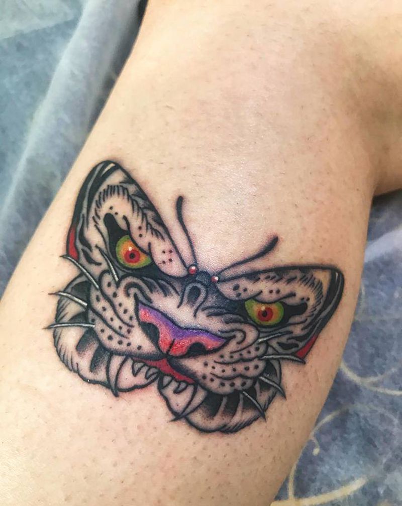 给同行小姐姐做的school纹身图片_腿部Old School老虎蝴蝶纹身图案