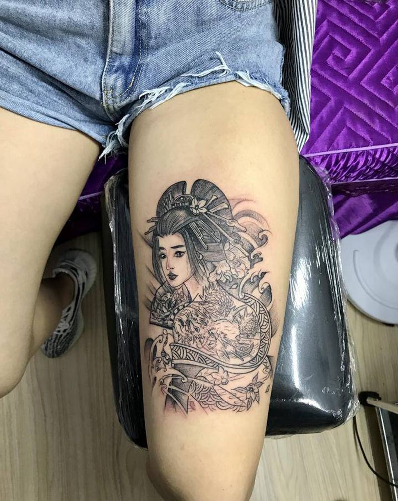 DL大腿艺姬纹身图片_腿部老传统纹身图案