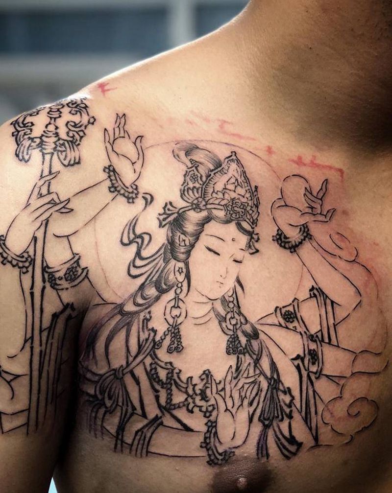 千手观音纹身图片_胸部手臂新传统戴家样纹身图案