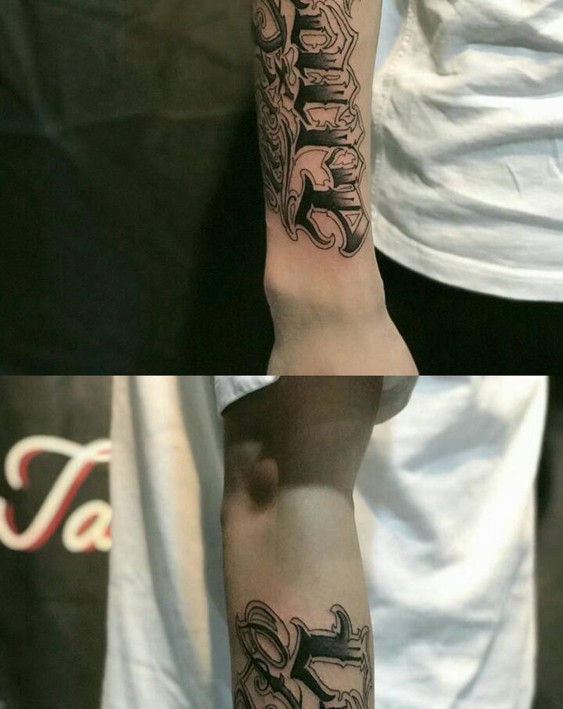 奇卡诺花体字纹身图片_手臂花体字及时行乐纹身图案