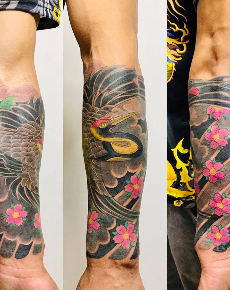 DL仙鹤包小臂纹身图片_手臂老传统纹身图案