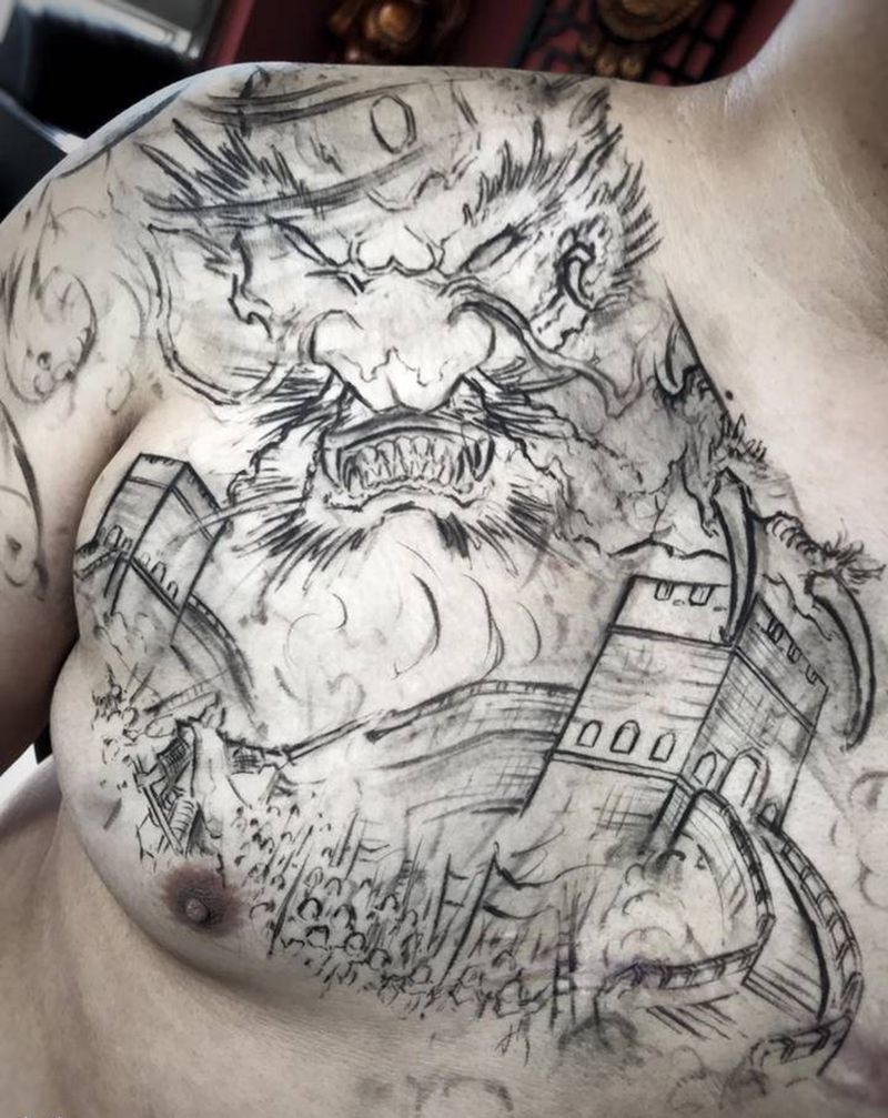 守护纹身图片_胸部肩部新传统纹身图案