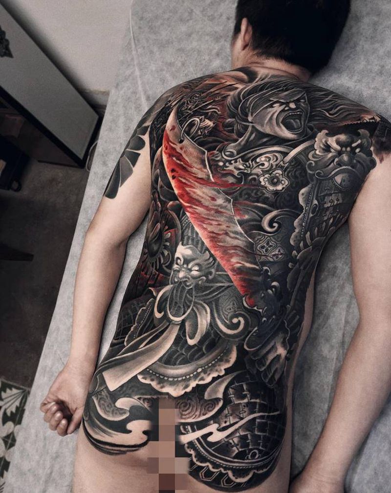 杀神白起纹身图片_背部新传统纹身图案