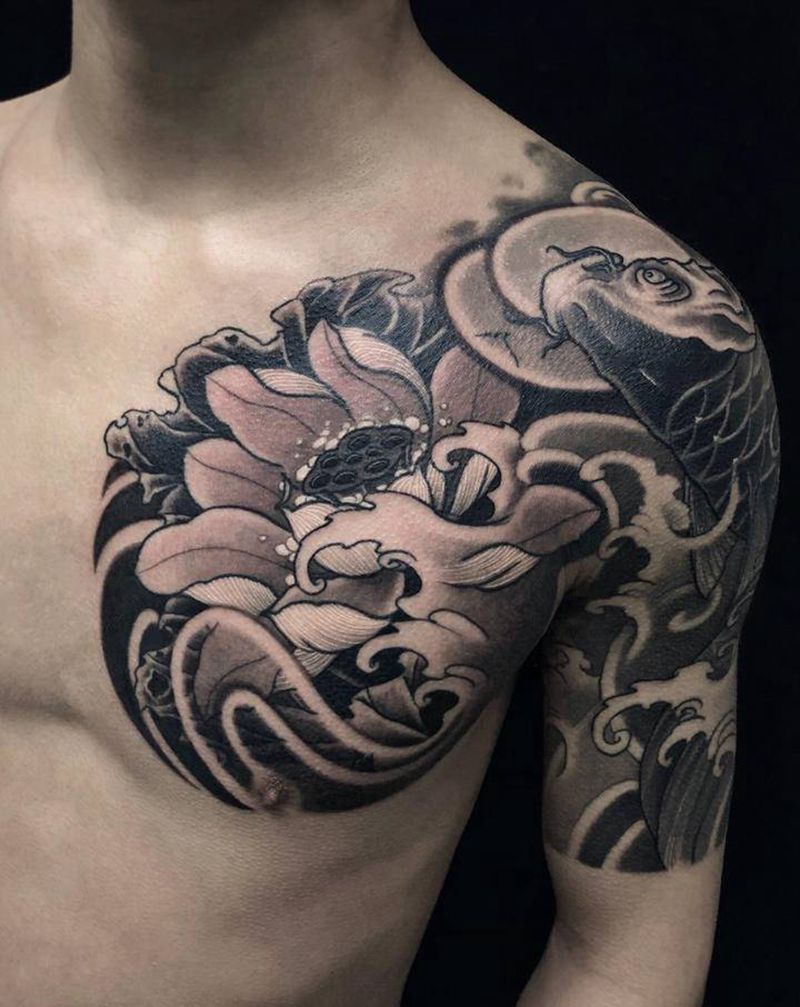 传统半胛纹身图片_手臂胸部新传统纹身图案