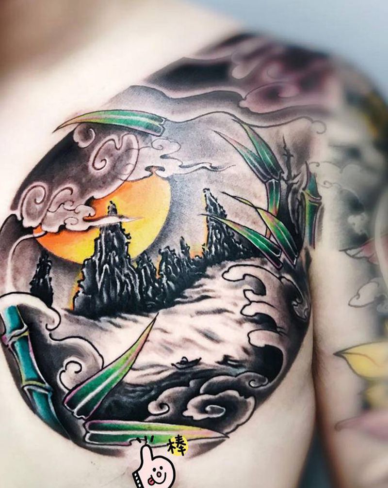 半甲纹身图片_肩部胸部新传统纹身图案