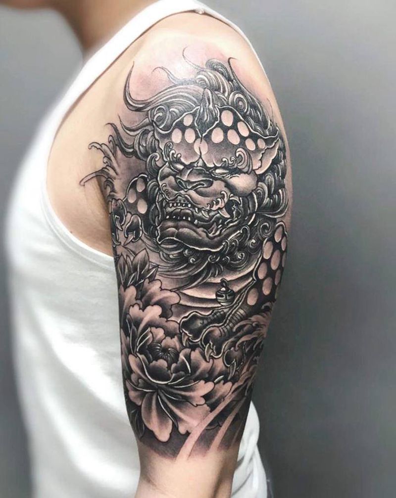 唐狮子纹身图片_手臂腿部新传统纹身图案