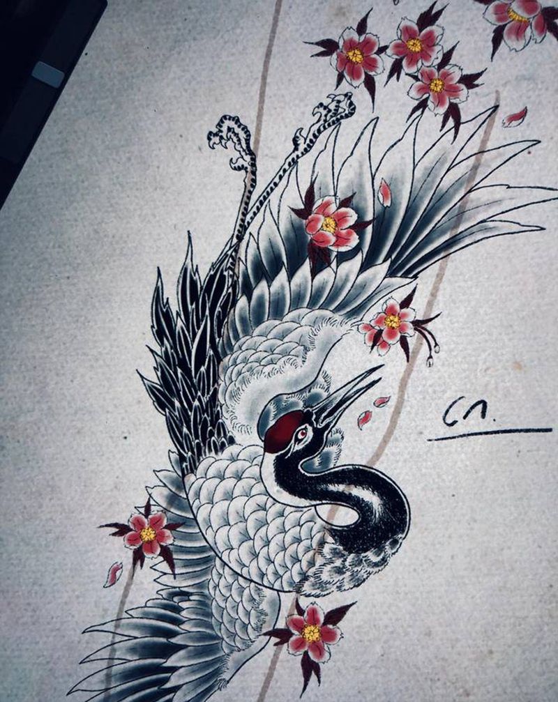 鹤纹身图片_腿部新传统纹身图案